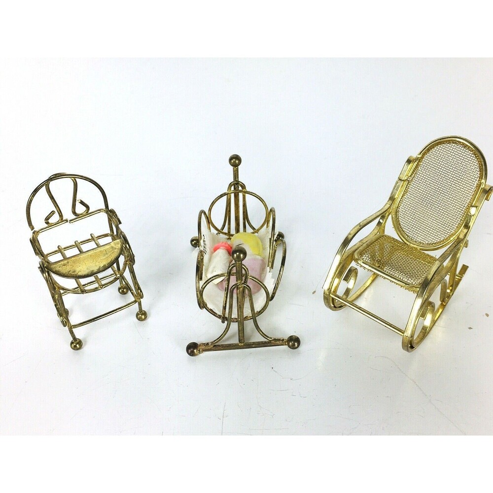 VTG Brass Nursery Crib Bassinet Highchair Cane Rocking Chair Dollhouse Furniture
